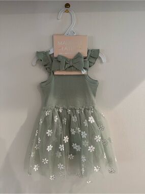 Madison Layne Girls' Sage Green Floral Tulle Dress with Bow